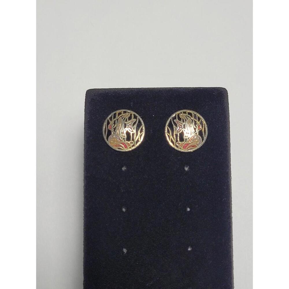 Vintage Goldtone Earrings Angelfish Shells Cloisonné Enamel Post Fashion Costume